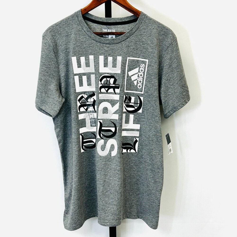 NWT Adidas Three Stripe Life The Go-To Tee Size XL Gray Logo Graphic T-Shirt
